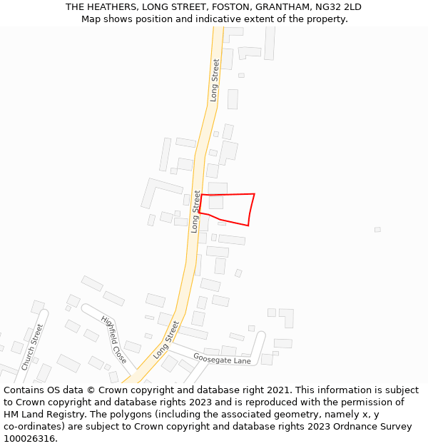 THE HEATHERS, LONG STREET, FOSTON, GRANTHAM, NG32 2LD: Location map and indicative extent of plot