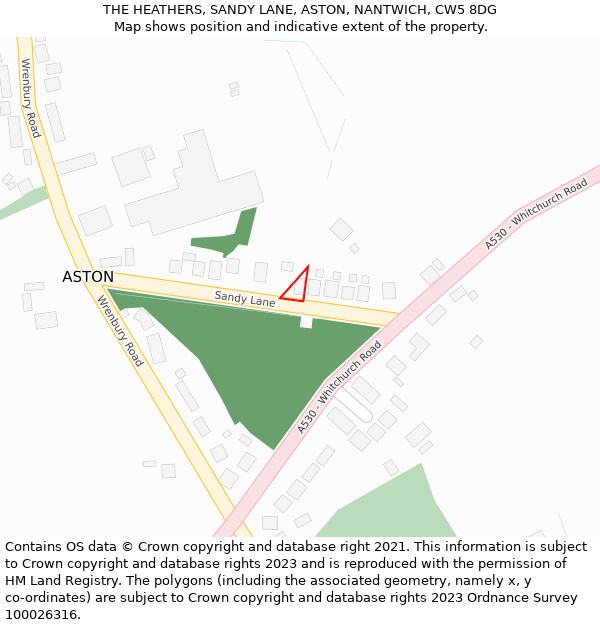 THE HEATHERS, SANDY LANE, ASTON, NANTWICH, CW5 8DG: Location map and indicative extent of plot