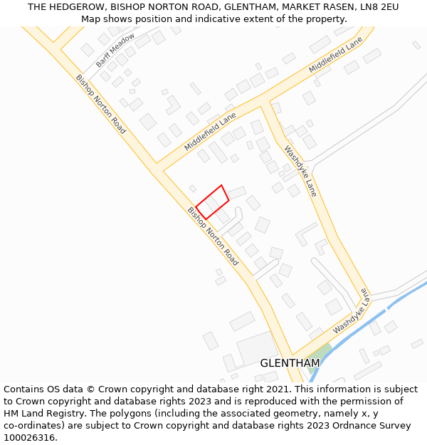 THE HEDGEROW, BISHOP NORTON ROAD, GLENTHAM, MARKET RASEN, LN8 2EU: Location map and indicative extent of plot