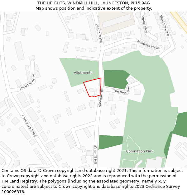 THE HEIGHTS, WINDMILL HILL, LAUNCESTON, PL15 9AG: Location map and indicative extent of plot