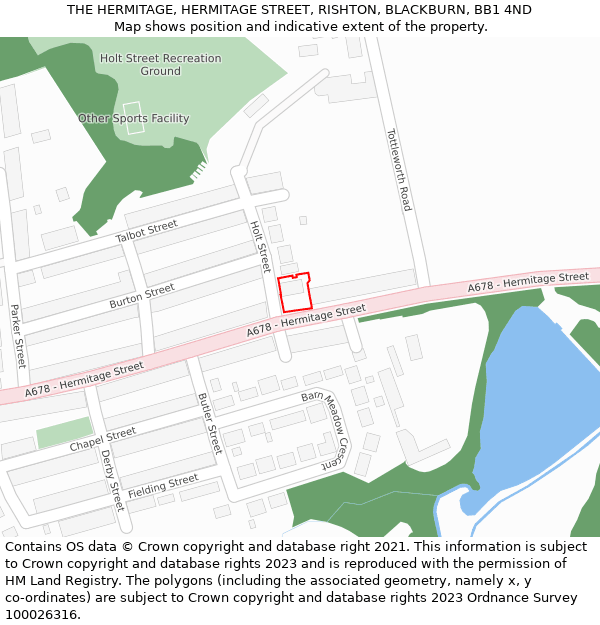 THE HERMITAGE, HERMITAGE STREET, RISHTON, BLACKBURN, BB1 4ND: Location map and indicative extent of plot