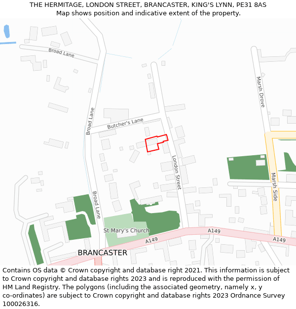 THE HERMITAGE, LONDON STREET, BRANCASTER, KING'S LYNN, PE31 8AS: Location map and indicative extent of plot