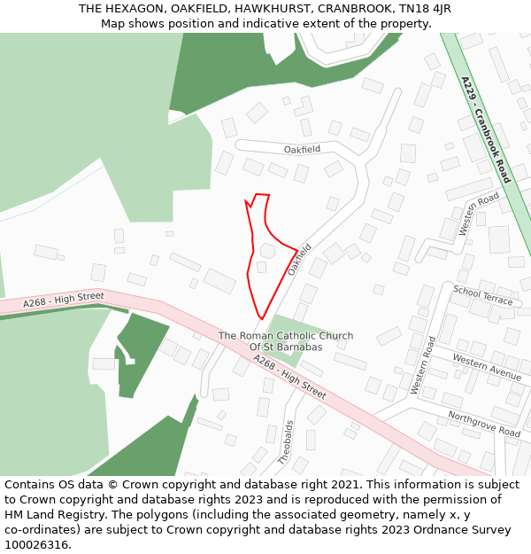 THE HEXAGON, OAKFIELD, HAWKHURST, CRANBROOK, TN18 4JR: Location map and indicative extent of plot