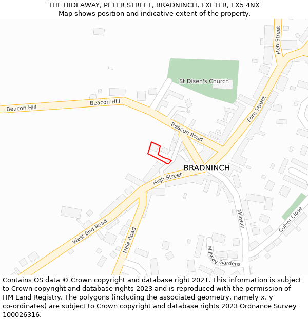 THE HIDEAWAY, PETER STREET, BRADNINCH, EXETER, EX5 4NX: Location map and indicative extent of plot