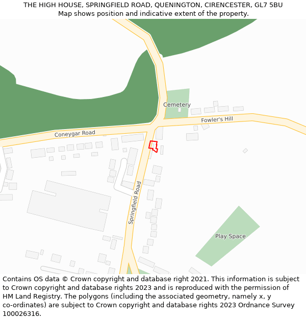 THE HIGH HOUSE, SPRINGFIELD ROAD, QUENINGTON, CIRENCESTER, GL7 5BU: Location map and indicative extent of plot