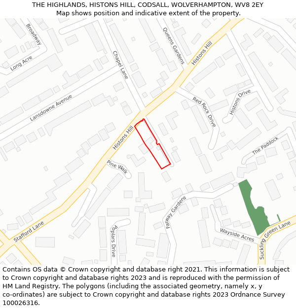 THE HIGHLANDS, HISTONS HILL, CODSALL, WOLVERHAMPTON, WV8 2EY: Location map and indicative extent of plot