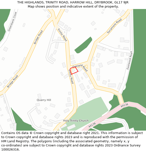 THE HIGHLANDS, TRINITY ROAD, HARROW HILL, DRYBROOK, GL17 9JR: Location map and indicative extent of plot