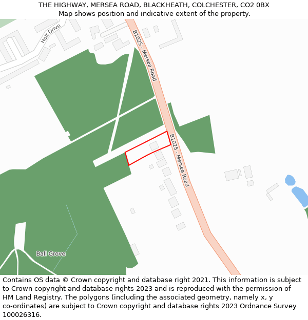 THE HIGHWAY, MERSEA ROAD, BLACKHEATH, COLCHESTER, CO2 0BX: Location map and indicative extent of plot