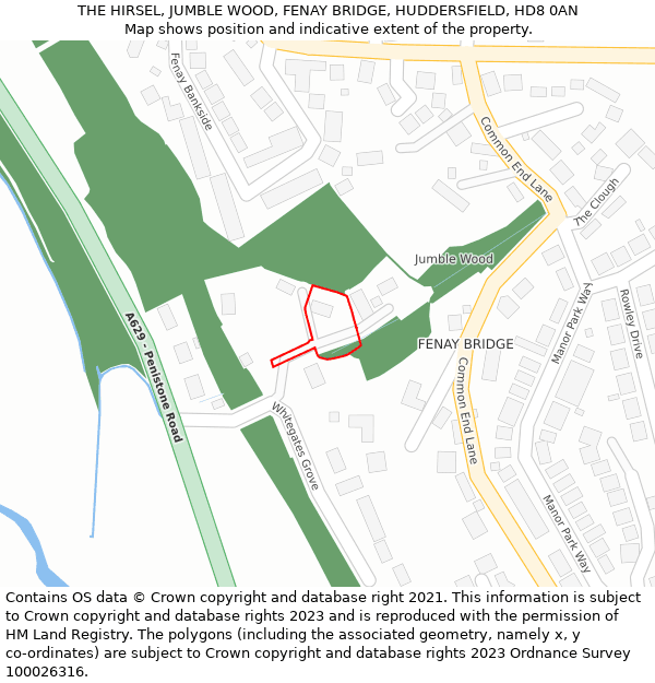 THE HIRSEL, JUMBLE WOOD, FENAY BRIDGE, HUDDERSFIELD, HD8 0AN: Location map and indicative extent of plot