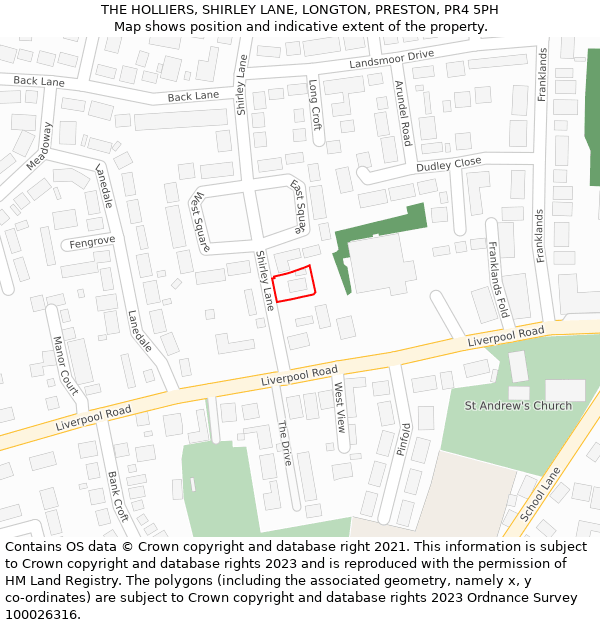 THE HOLLIERS, SHIRLEY LANE, LONGTON, PRESTON, PR4 5PH: Location map and indicative extent of plot