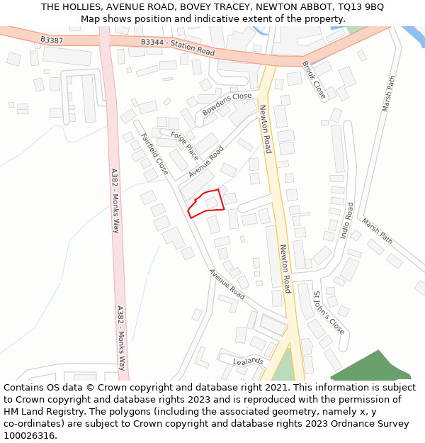 THE HOLLIES, AVENUE ROAD, BOVEY TRACEY, NEWTON ABBOT, TQ13 9BQ: Location map and indicative extent of plot