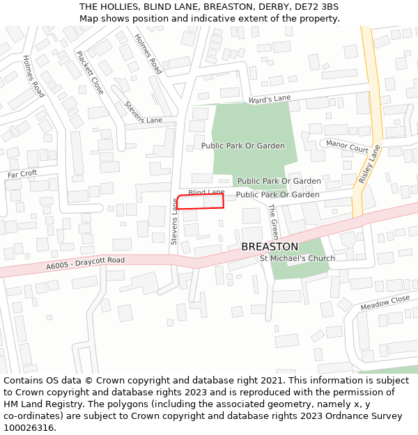 THE HOLLIES, BLIND LANE, BREASTON, DERBY, DE72 3BS: Location map and indicative extent of plot