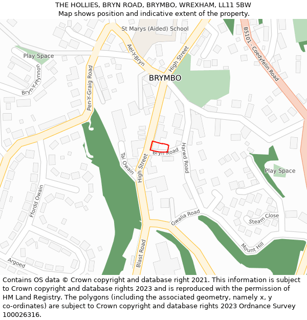 THE HOLLIES, BRYN ROAD, BRYMBO, WREXHAM, LL11 5BW: Location map and indicative extent of plot
