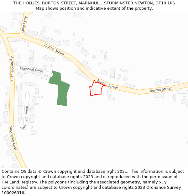 THE HOLLIES, BURTON STREET, MARNHULL, STURMINSTER NEWTON, DT10 1PS: Location map and indicative extent of plot