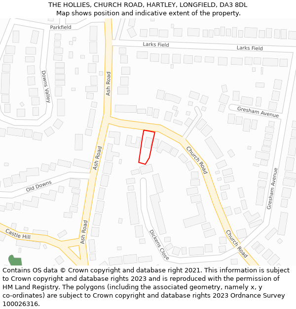 THE HOLLIES, CHURCH ROAD, HARTLEY, LONGFIELD, DA3 8DL: Location map and indicative extent of plot