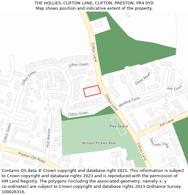 THE HOLLIES, CLIFTON LANE, CLIFTON, PRESTON, PR4 0YD: Location map and indicative extent of plot