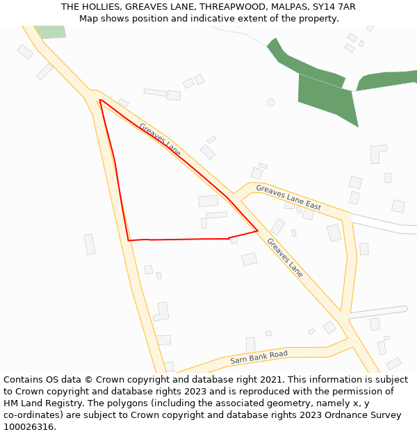 THE HOLLIES, GREAVES LANE, THREAPWOOD, MALPAS, SY14 7AR: Location map and indicative extent of plot