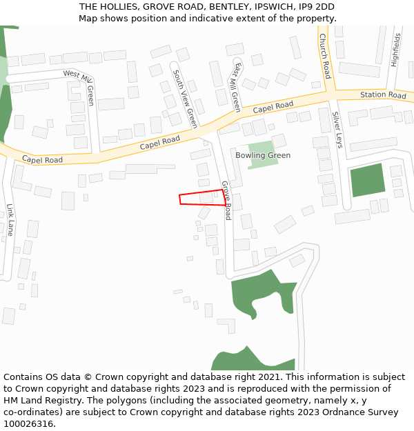 THE HOLLIES, GROVE ROAD, BENTLEY, IPSWICH, IP9 2DD: Location map and indicative extent of plot