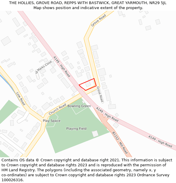 THE HOLLIES, GROVE ROAD, REPPS WITH BASTWICK, GREAT YARMOUTH, NR29 5JL: Location map and indicative extent of plot