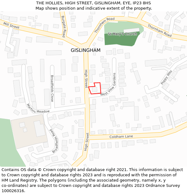 THE HOLLIES, HIGH STREET, GISLINGHAM, EYE, IP23 8HS: Location map and indicative extent of plot