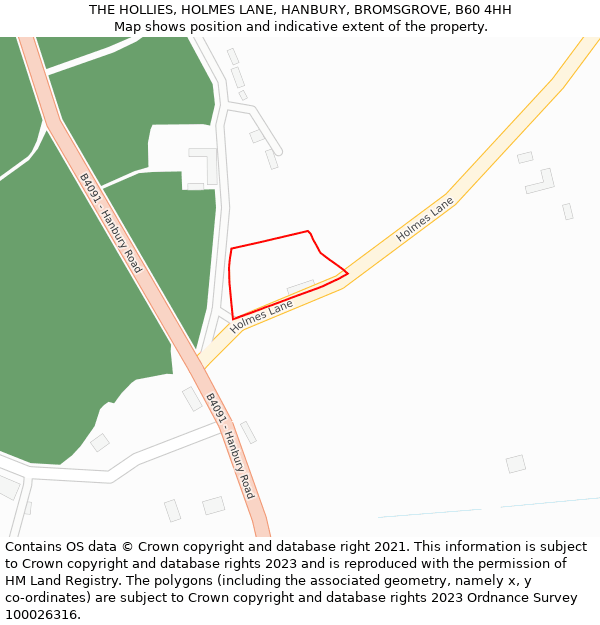 THE HOLLIES, HOLMES LANE, HANBURY, BROMSGROVE, B60 4HH: Location map and indicative extent of plot
