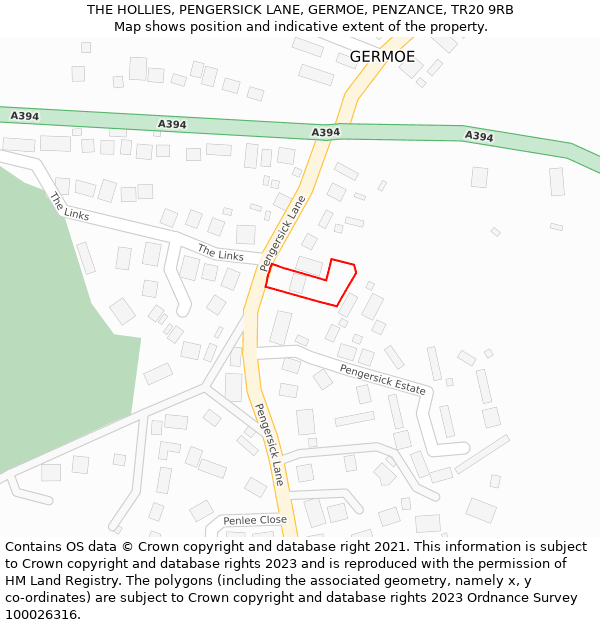 THE HOLLIES, PENGERSICK LANE, GERMOE, PENZANCE, TR20 9RB: Location map and indicative extent of plot
