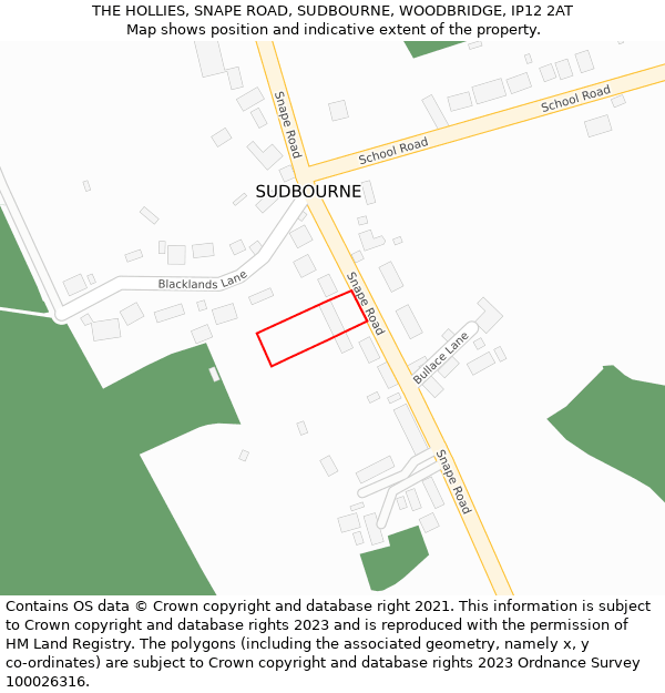 THE HOLLIES, SNAPE ROAD, SUDBOURNE, WOODBRIDGE, IP12 2AT: Location map and indicative extent of plot