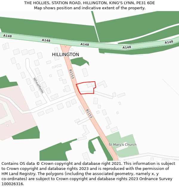THE HOLLIES, STATION ROAD, HILLINGTON, KING'S LYNN, PE31 6DE: Location map and indicative extent of plot