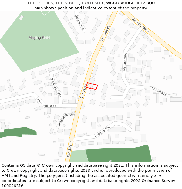 THE HOLLIES, THE STREET, HOLLESLEY, WOODBRIDGE, IP12 3QU: Location map and indicative extent of plot