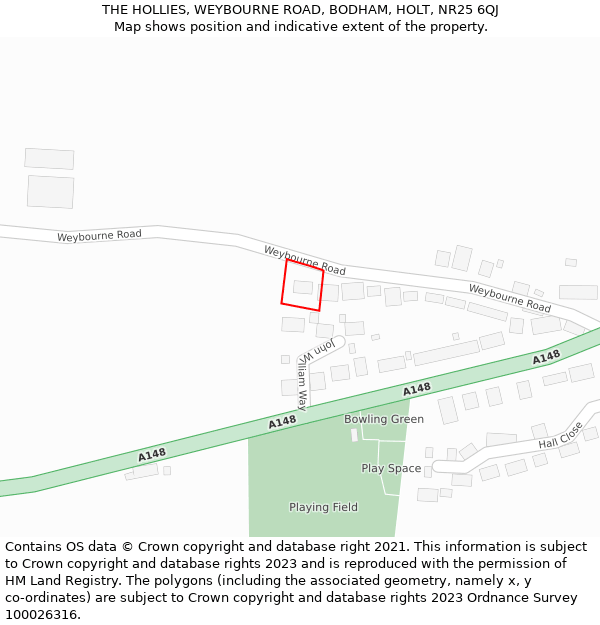 THE HOLLIES, WEYBOURNE ROAD, BODHAM, HOLT, NR25 6QJ: Location map and indicative extent of plot