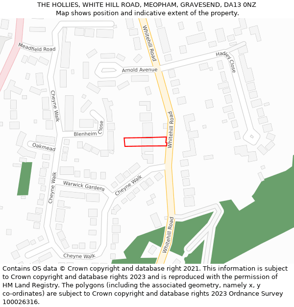 THE HOLLIES, WHITE HILL ROAD, MEOPHAM, GRAVESEND, DA13 0NZ: Location map and indicative extent of plot