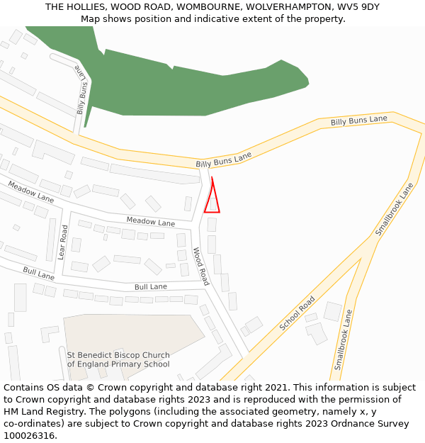THE HOLLIES, WOOD ROAD, WOMBOURNE, WOLVERHAMPTON, WV5 9DY: Location map and indicative extent of plot