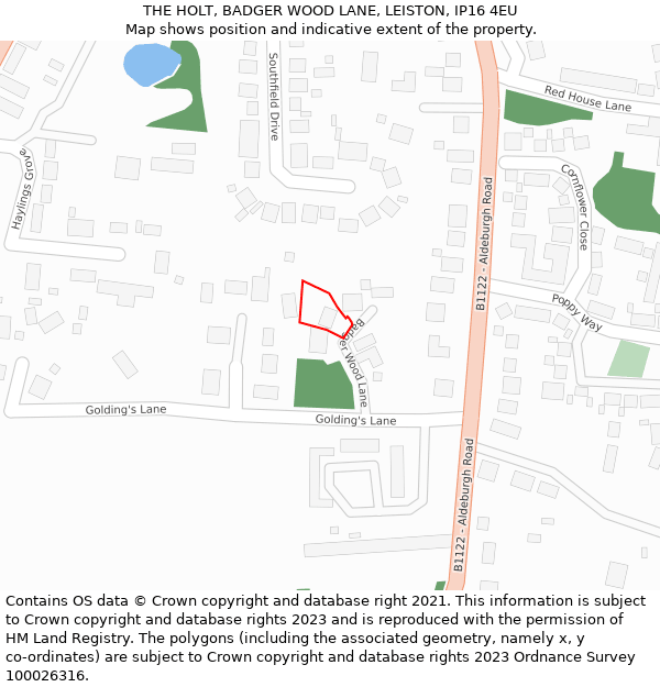 THE HOLT, BADGER WOOD LANE, LEISTON, IP16 4EU: Location map and indicative extent of plot