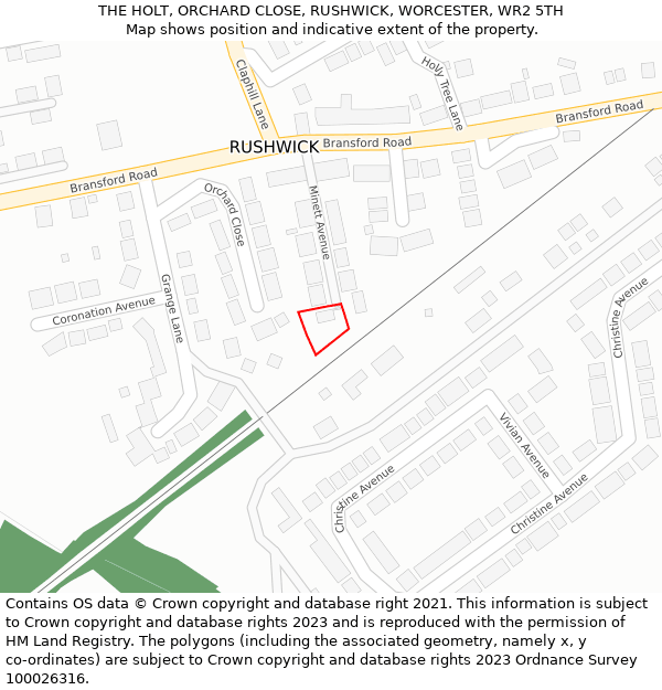 THE HOLT, ORCHARD CLOSE, RUSHWICK, WORCESTER, WR2 5TH: Location map and indicative extent of plot