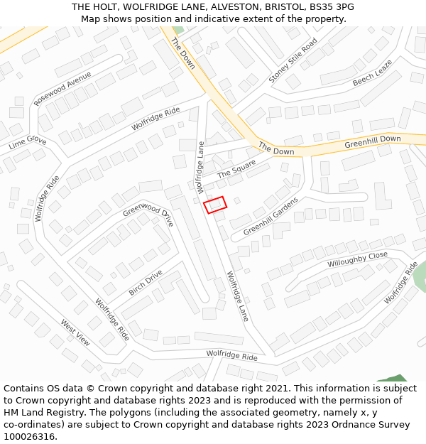 THE HOLT, WOLFRIDGE LANE, ALVESTON, BRISTOL, BS35 3PG: Location map and indicative extent of plot