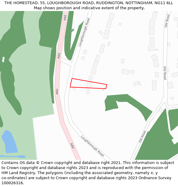 THE HOMESTEAD, 55, LOUGHBOROUGH ROAD, RUDDINGTON, NOTTINGHAM, NG11 6LL: Location map and indicative extent of plot