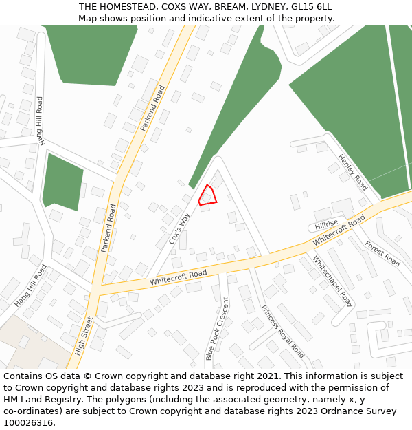 THE HOMESTEAD, COXS WAY, BREAM, LYDNEY, GL15 6LL: Location map and indicative extent of plot