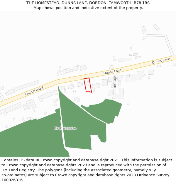 THE HOMESTEAD, DUNNS LANE, DORDON, TAMWORTH, B78 1RS: Location map and indicative extent of plot