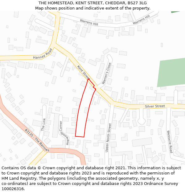 THE HOMESTEAD, KENT STREET, CHEDDAR, BS27 3LG: Location map and indicative extent of plot