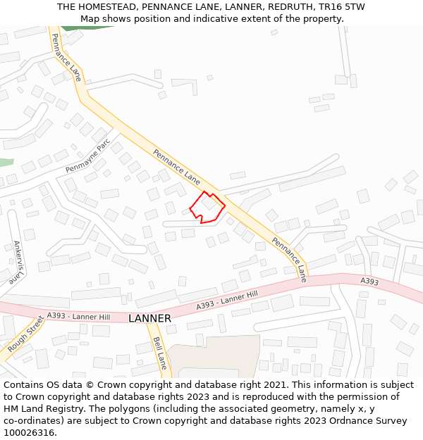 THE HOMESTEAD, PENNANCE LANE, LANNER, REDRUTH, TR16 5TW: Location map and indicative extent of plot