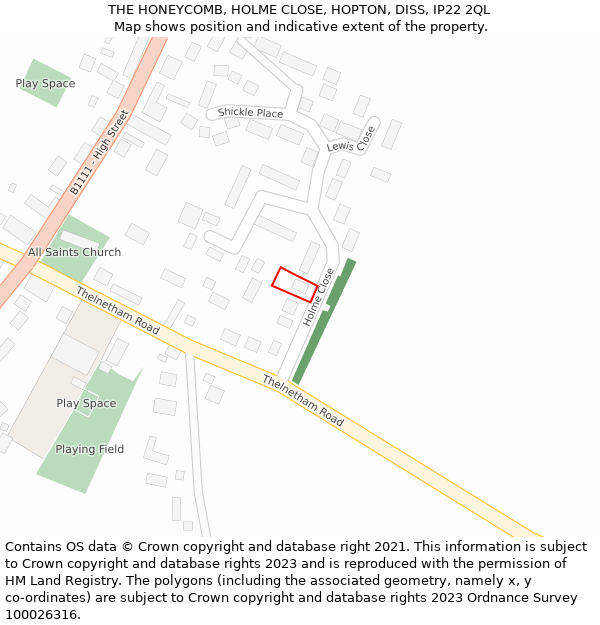 THE HONEYCOMB, HOLME CLOSE, HOPTON, DISS, IP22 2QL: Location map and indicative extent of plot