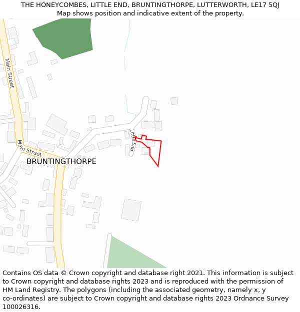 THE HONEYCOMBES, LITTLE END, BRUNTINGTHORPE, LUTTERWORTH, LE17 5QJ: Location map and indicative extent of plot