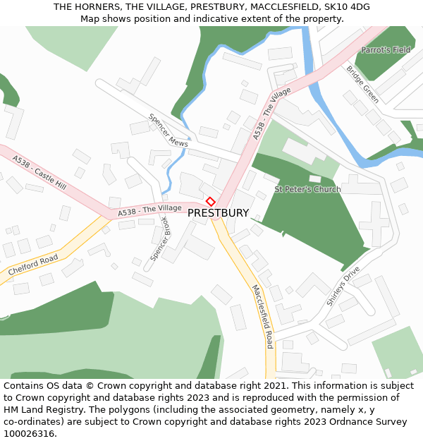 THE HORNERS, THE VILLAGE, PRESTBURY, MACCLESFIELD, SK10 4DG: Location map and indicative extent of plot