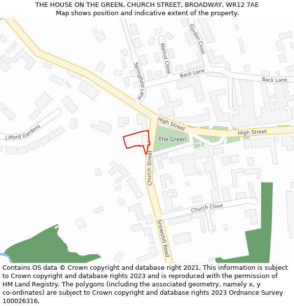 THE HOUSE ON THE GREEN, CHURCH STREET, BROADWAY, WR12 7AE: Location map and indicative extent of plot