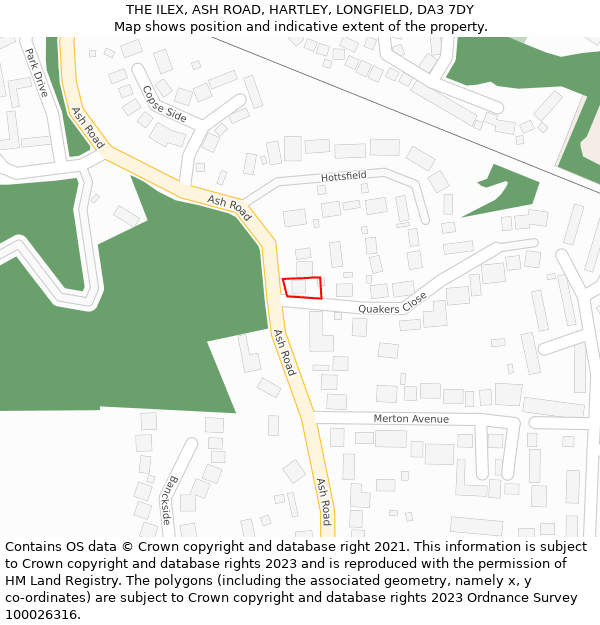 THE ILEX, ASH ROAD, HARTLEY, LONGFIELD, DA3 7DY: Location map and indicative extent of plot
