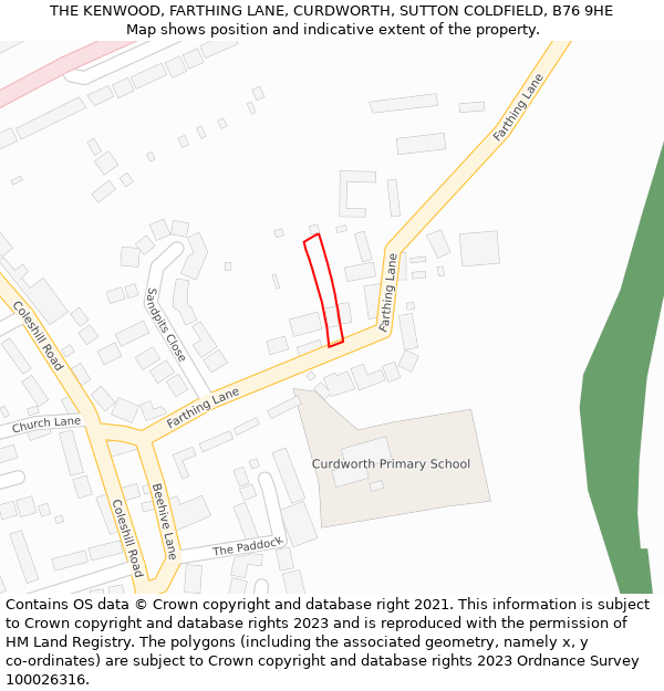 THE KENWOOD, FARTHING LANE, CURDWORTH, SUTTON COLDFIELD, B76 9HE: Location map and indicative extent of plot