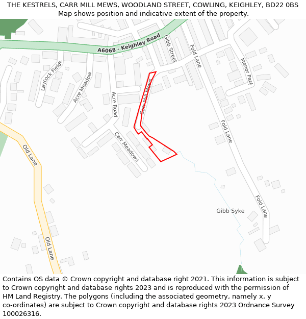 THE KESTRELS, CARR MILL MEWS, WOODLAND STREET, COWLING, KEIGHLEY, BD22 0BS: Location map and indicative extent of plot