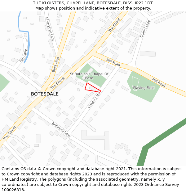 THE KLOISTERS, CHAPEL LANE, BOTESDALE, DISS, IP22 1DT: Location map and indicative extent of plot