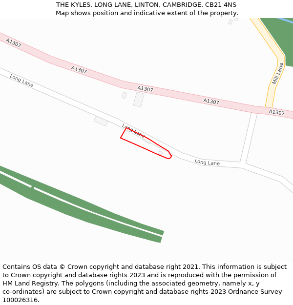 THE KYLES, LONG LANE, LINTON, CAMBRIDGE, CB21 4NS: Location map and indicative extent of plot