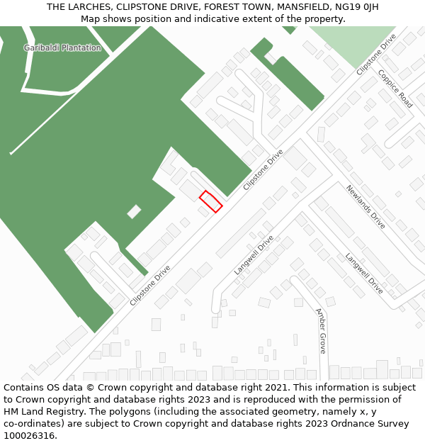 THE LARCHES, CLIPSTONE DRIVE, FOREST TOWN, MANSFIELD, NG19 0JH: Location map and indicative extent of plot